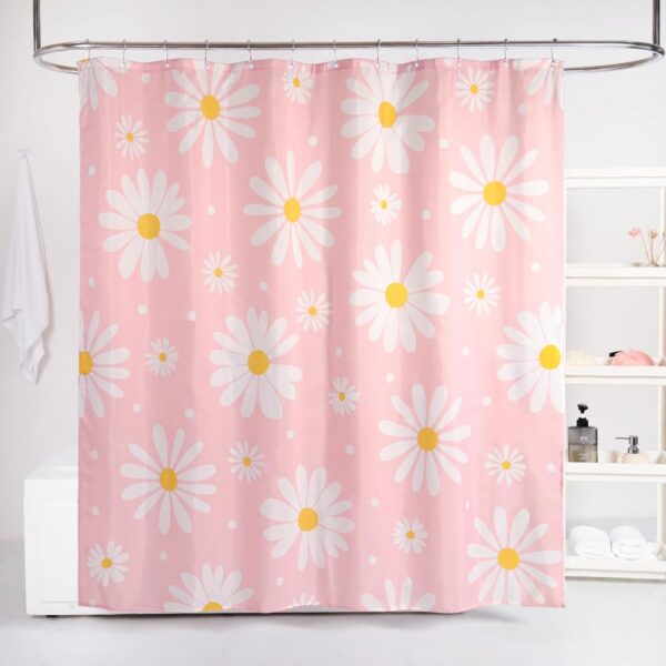 Pink floral shower curtain featuring white daisy flowers on waterproof polyester fabric with reinforced grommets, weighted hem, and 12 stainless steel hooks for a cute girly bathroom décor aesthetic.