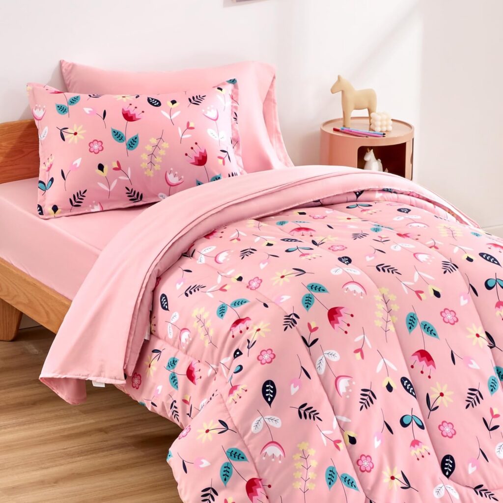 SLEEP ZONE full and queen comforter set featuring a cute pink flower print on ultra-soft microfiber with matching pillowcases, designed for cozy kids', teen, and floral-inspired bedroom décor.