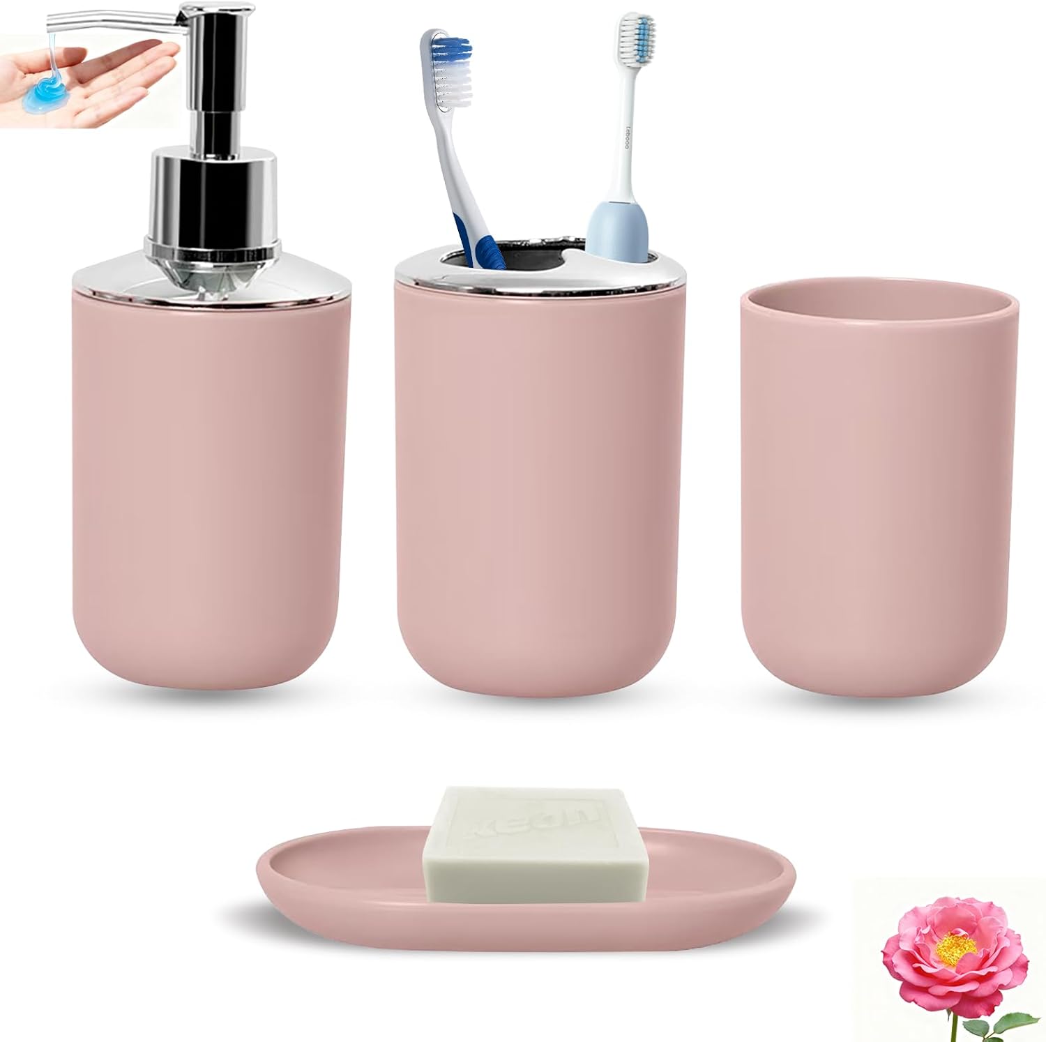 tojkyblyu-matte-pink-bathroom-accessories-set Matte pink bathroom accessories set featuring a soap dispenser, toothbrush holder, rinse cup, and soap dish designed for modern bathroom countertop organization and décor.
