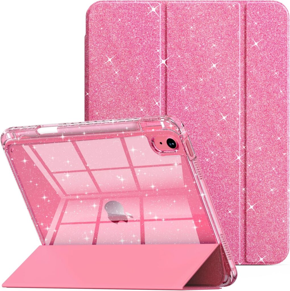 Rose pink glitter iPad case with clear hard back shell, built-in Apple Pencil holder, adjustable tri-fold stand, and auto sleep wake function for iPad 11th Generation 2025 and iPad 10th Generation 2022.