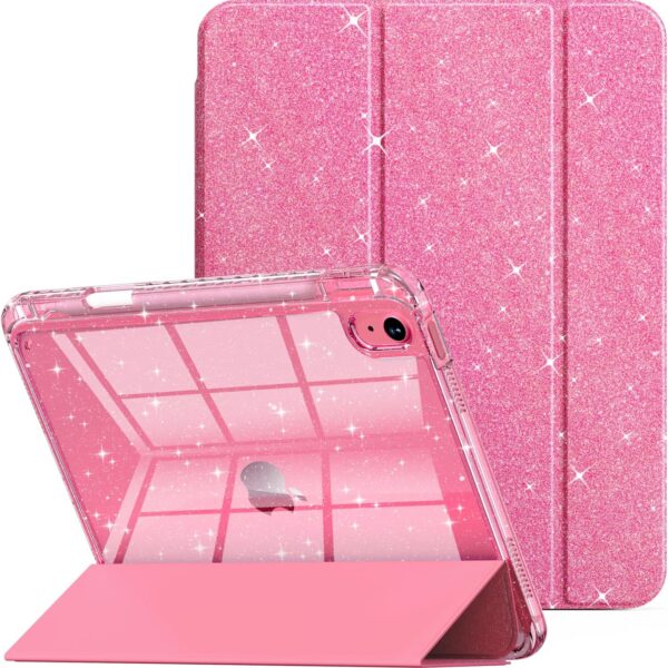 Rose pink glitter iPad case with clear hard back shell, built-in Apple Pencil holder, adjustable tri-fold stand, and auto sleep wake function for iPad 11th Generation 2025 and iPad 10th Generation 2022.