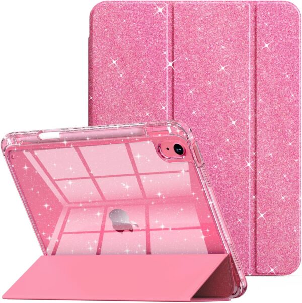 Rose pink glitter iPad case with clear hard back shell, built-in Apple Pencil holder, adjustable tri-fold stand, and auto sleep wake function for iPad 11th Generation 2025 and iPad 10th Generation 2022.