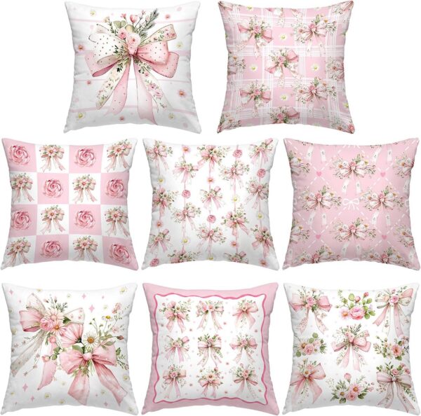 Set of eight pink coquette throw pillow covers featuring watercolor bow and floral patterns with hidden zipper closures for 18x18-inch decorative cushions.