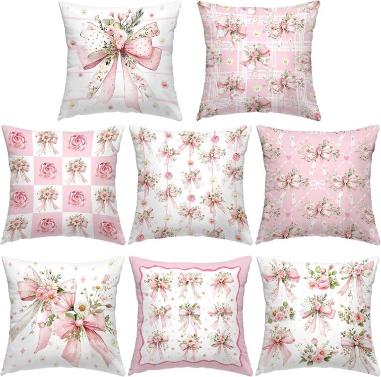Set of eight pink coquette throw pillow covers featuring watercolor bow and floral patterns with hidden zipper closures for 18x18-inch decorative cushions.