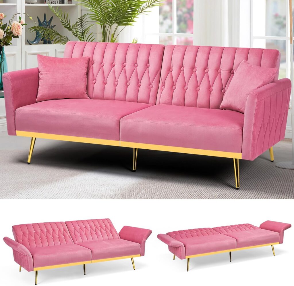 Pink ACMEASE 70-inch velvet futon sofa bed with adjustable backrests, adjustable armrests, button tufting, gold metal legs, and two matching throw pillows, converting into a twin-size sleeper.