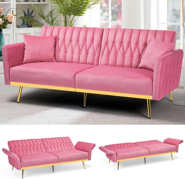 Pink ACMEASE 70-inch velvet futon sofa bed with adjustable backrests, adjustable armrests, button tufting, gold metal legs, and two matching throw pillows, converting into a twin-size sleeper.