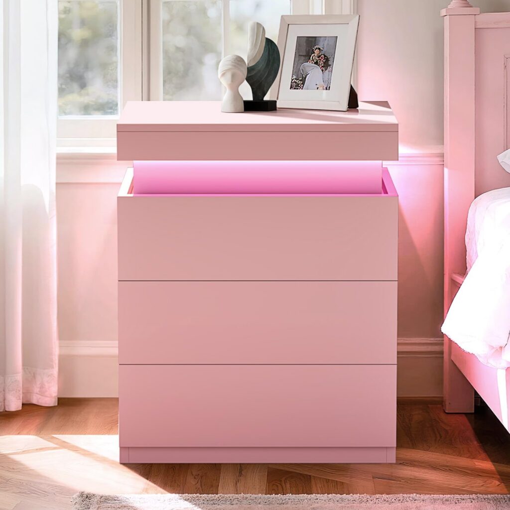 ADORNEVE modern pink nightstand featuring RGB LED lighting, a sliding top with a hidden charging station, one storage drawer, and a contemporary engineered wood design for bedrooms.