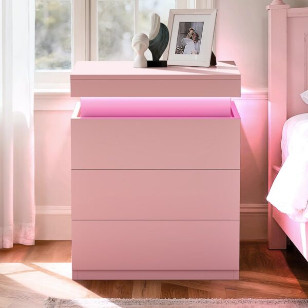 ADORNEVE modern pink nightstand featuring RGB LED lighting, a sliding top with a hidden charging station, one storage drawer, and a contemporary engineered wood design for bedrooms.