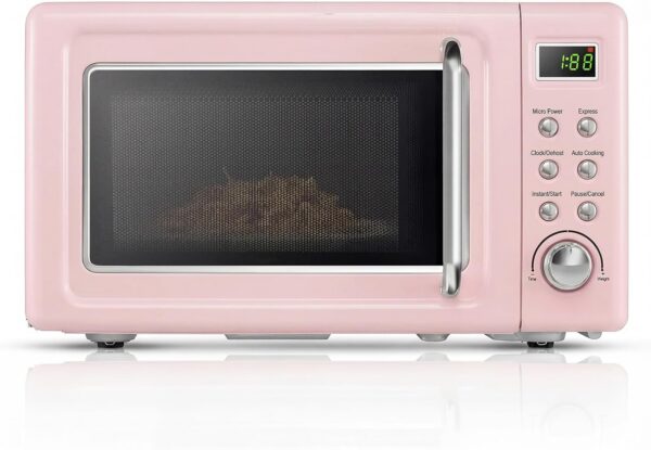Retro pink 0.7 cubic foot countertop microwave with 700 watts of power, five adjustable power levels, LED display, rotating glass turntable, auto cooking menus, and child safety lock.