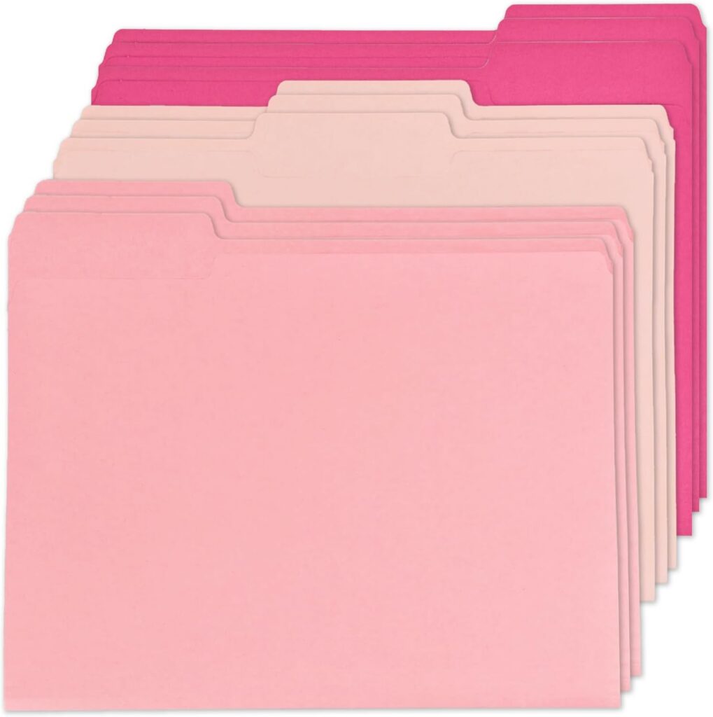 Set of 12 Bazyrock pink gradient letter-size paper file folders with 1/3-cut top tabs and expandable fold lines for organizing office, school, and home documents.
