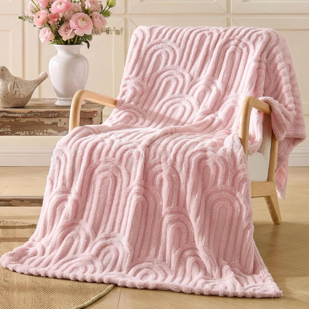 Pink boho sherpa fleece throw blanket with textured arch weave pattern, lightweight plush blanket for couches, beds, dorm rooms, and cozy home décor.