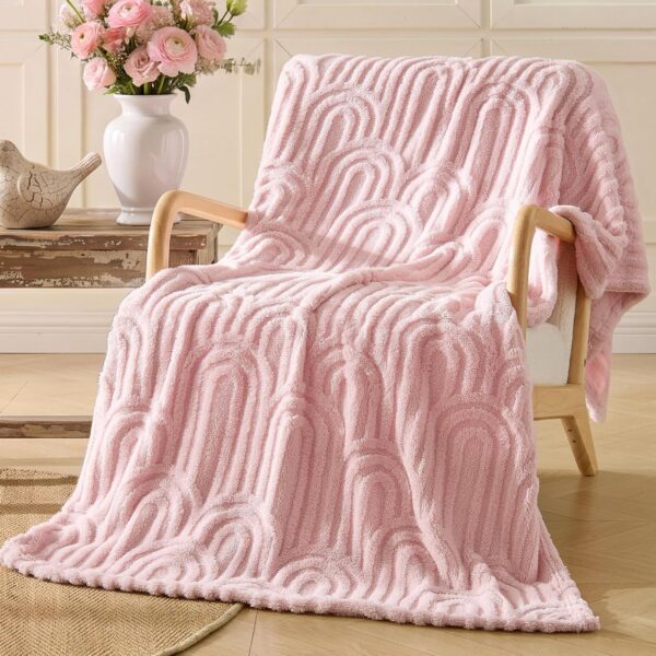Pink boho sherpa fleece throw blanket with textured arch weave pattern, lightweight plush blanket for couches, beds, dorm rooms, and cozy home décor.