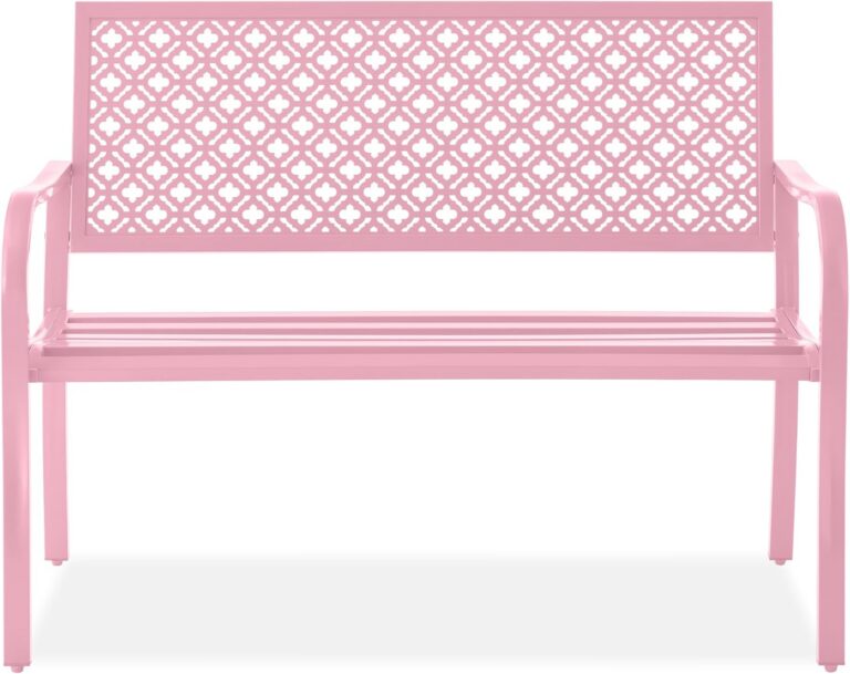 Pink two-person outdoor metal garden bench with a weather-resistant steel frame, decorative geometric backrest, slatted seat, and sturdy design for patios, porches, gardens, and entryways.