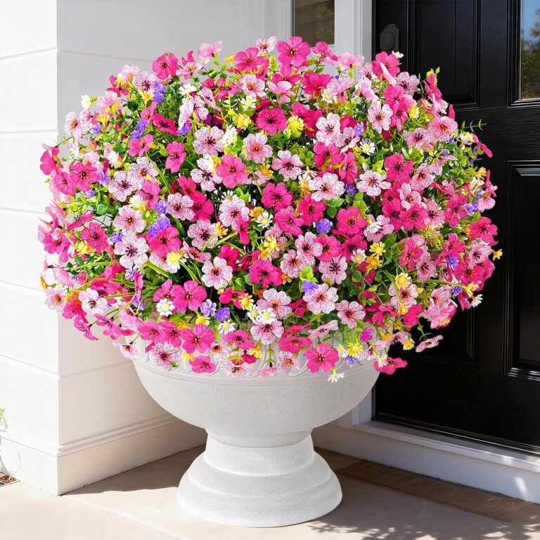 BLEUM CADE set of 12 UV-resistant artificial outdoor flower bundles featuring realistic pink daisies, violets, and boxwood greenery for decorating porches, patios, gardens, window boxes, hanging baskets, and planters.