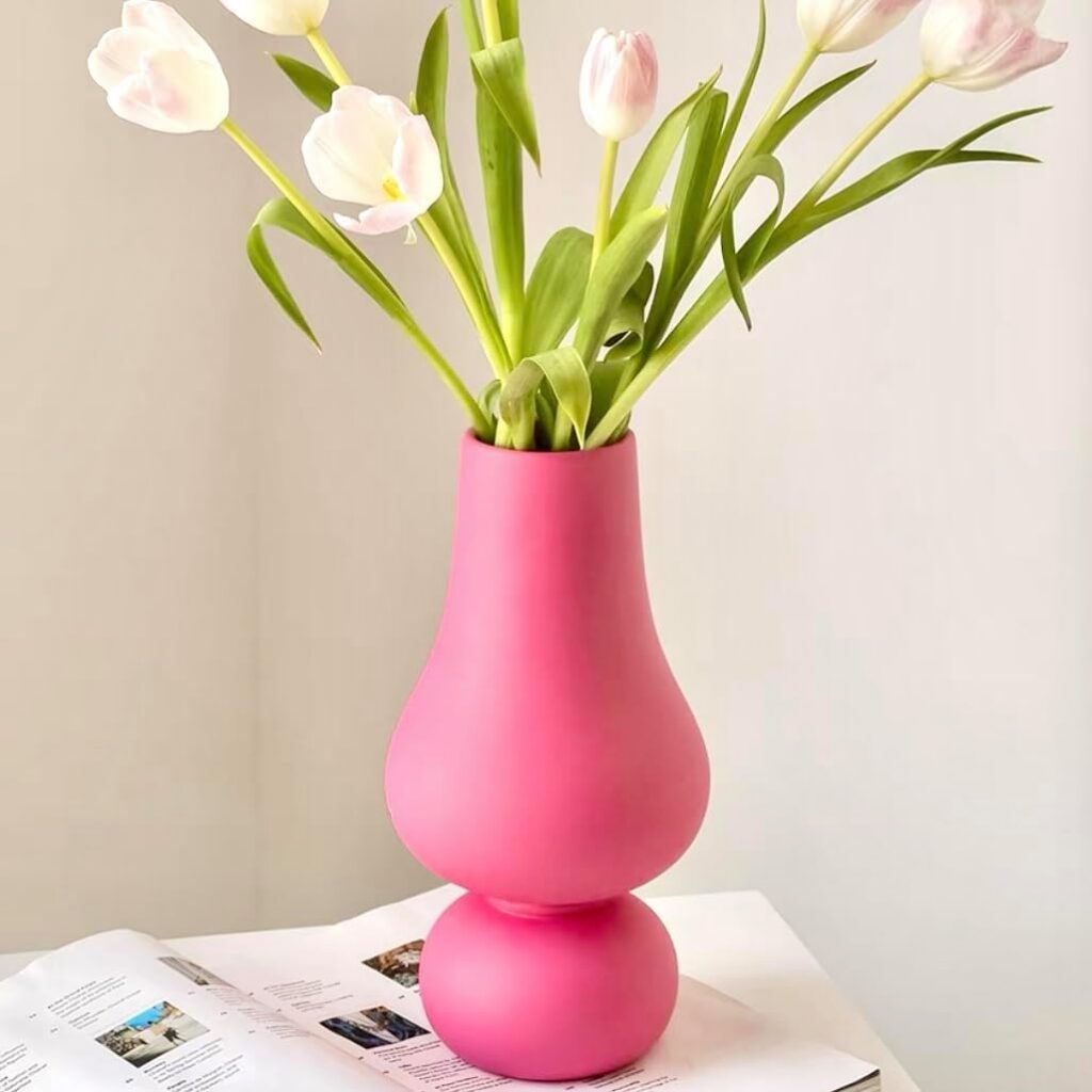 BLOFLO hot pink ceramic vase with a modern two-layer geometric design, hand-painted finish, and narrow opening for fresh flowers, dried botanicals, or decorative arrangements.
