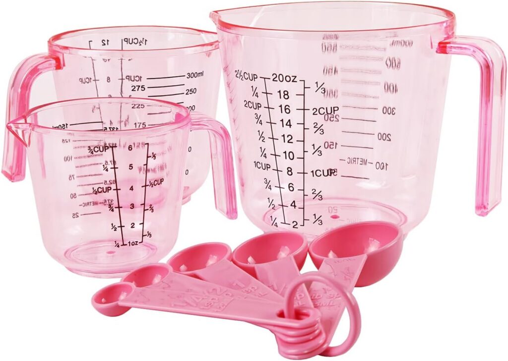 Pink 8-piece plastic measuring cups and spoons set with three stackable liquid measuring cups and five measuring spoons for accurate baking, cooking, meal prep, and kitchen organization.