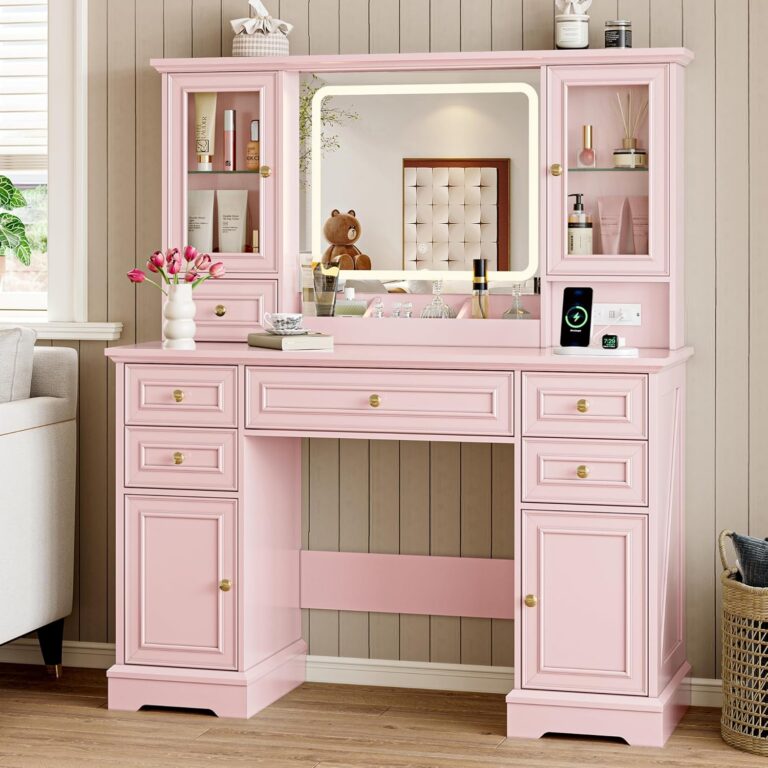 Pink BORNOON farmhouse vanity desk with a large LED mirror, six drawers, two RGB-lit glass cabinets, built-in power outlets, USB ports, and modern makeup storage.