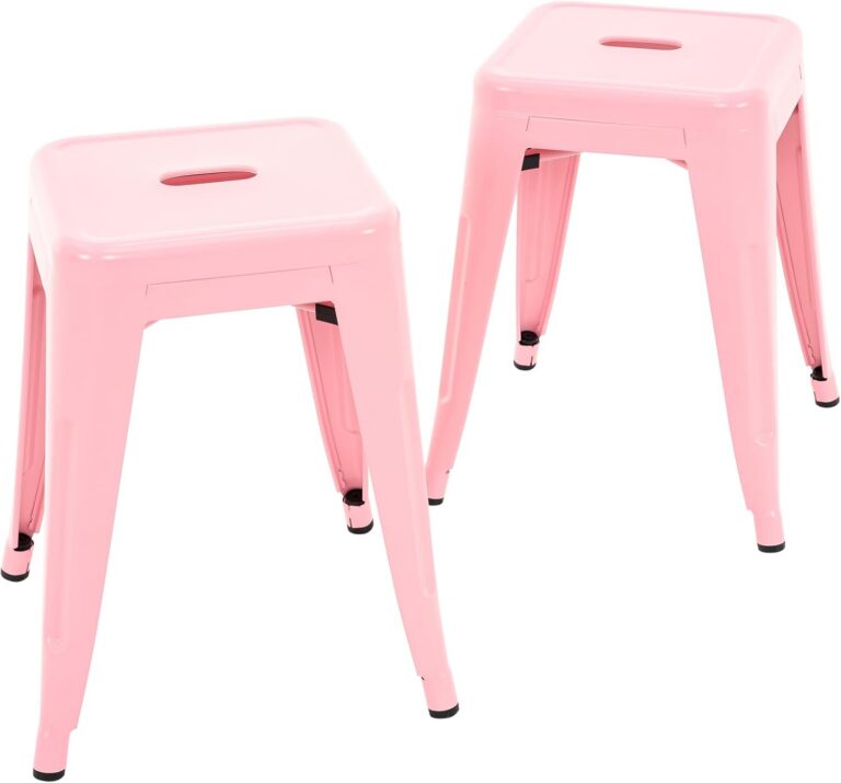 Set of two pink 18-inch stackable metal stools with a matte finish, square seats, and sturdy industrial frames for indoor and outdoor seating.
