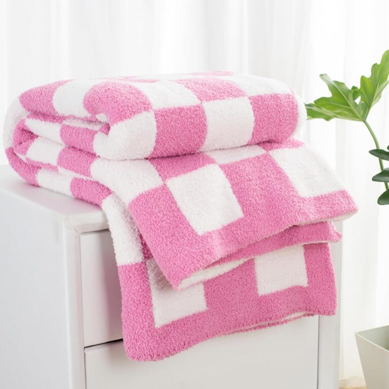 Hot pink checkered reversible microfiber throw blanket with a soft fuzzy plush texture, designed for couches, beds, sofas, and cozy home décor.