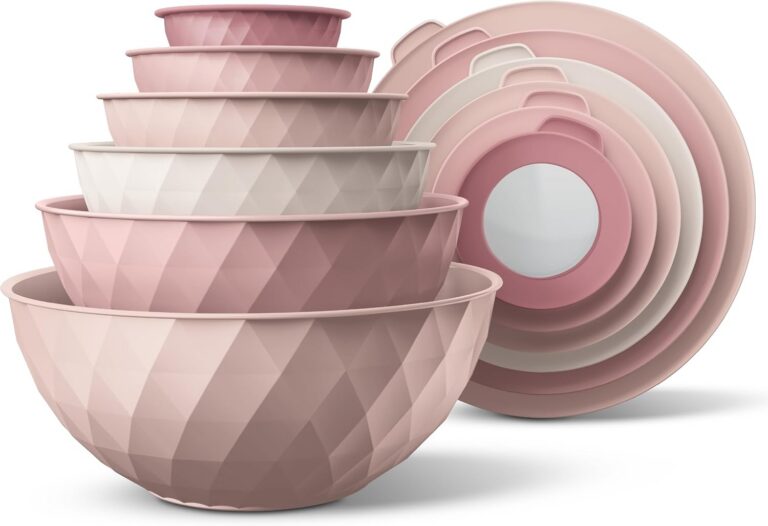 Pink diamond nesting plastic mixing bowl set with six BPA-free bowls and matching lids for food prep, serving, storage, microwave, freezer, and dishwasher use.
