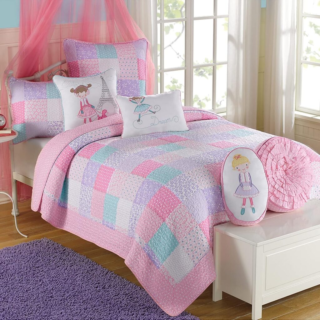 Twin-size reversible cotton quilt set with pink, light purple, and blue floral patterns, including one quilt and one matching pillow sham for year-round bedroom comfort.