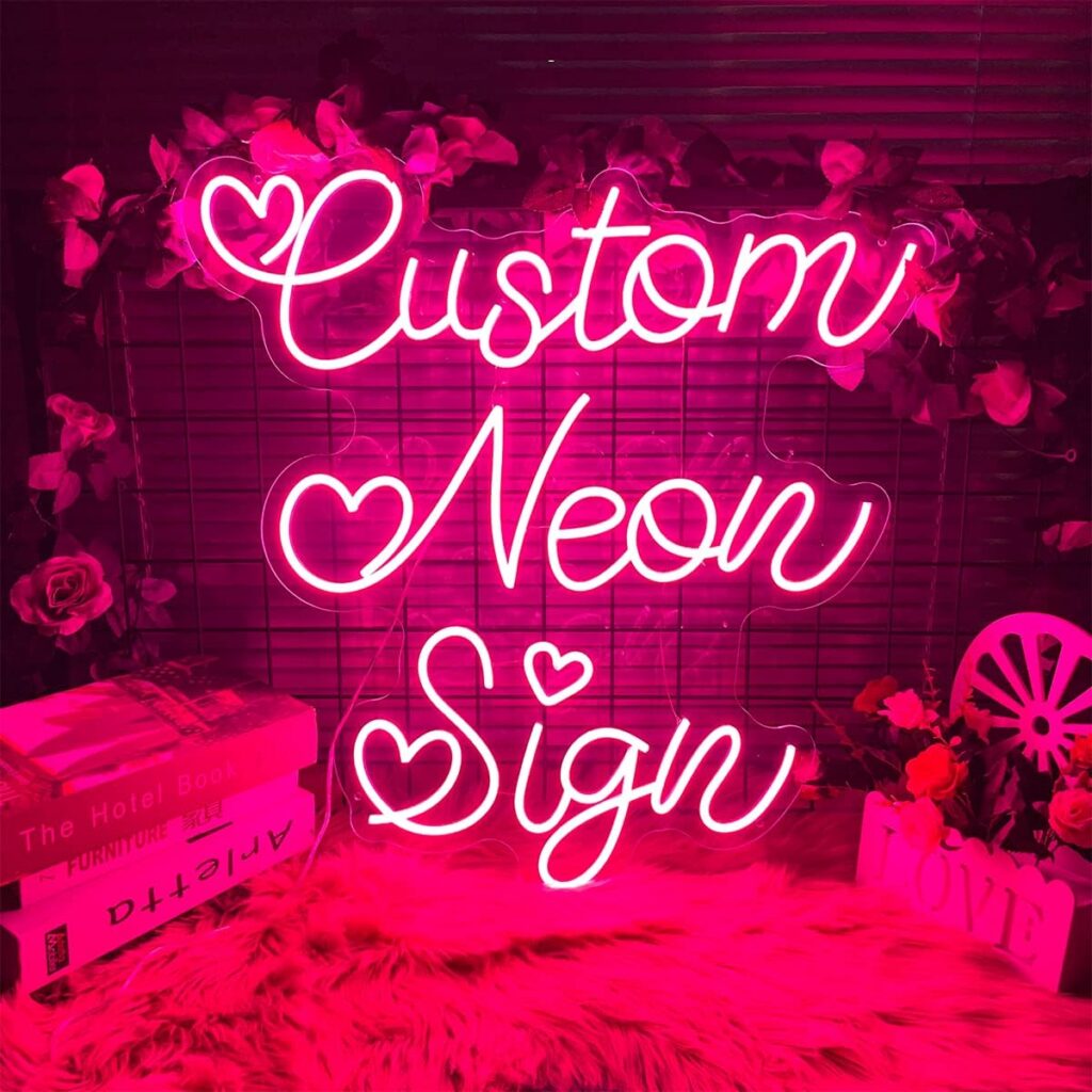 Custom personalized LED neon sign with customizable text, fonts, colors, and acrylic backboard shapes, featuring dimmable lighting for bedrooms, weddings, businesses, parties, and personalized room décor.