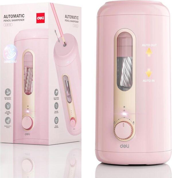 Pink deli fully automatic rechargeable electric pencil sharpener with auto feed, auto eject, and five adjustable sharpness settings for standard, jumbo, and colored pencils.