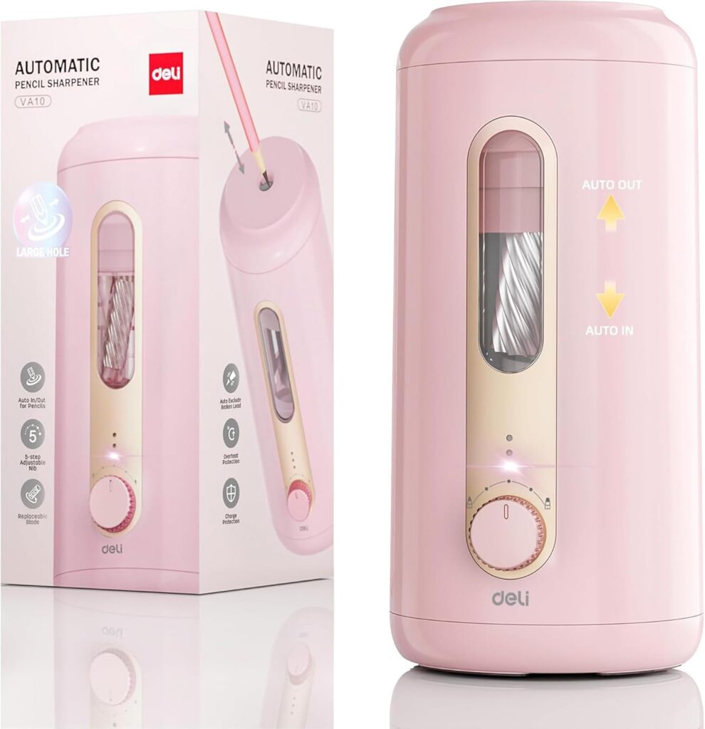 Pink deli fully automatic rechargeable electric pencil sharpener with auto feed, auto eject, and five adjustable sharpness settings for standard, jumbo, and colored pencils.