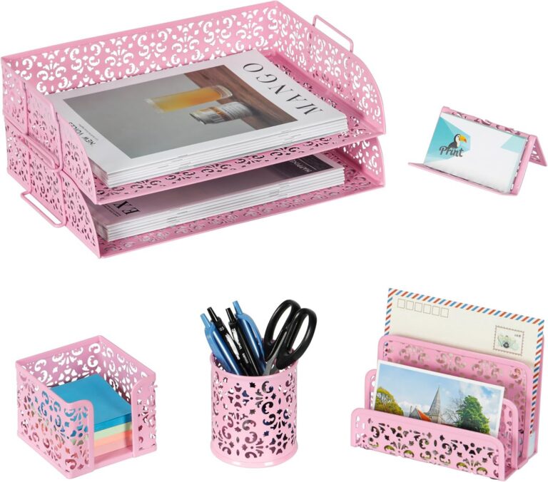 Pink 5-piece metal desk organizer set featuring a stackable two-tier paper tray, mail sorter, pencil holder, business card holder, and sticky note holder with a decorative carved design.
