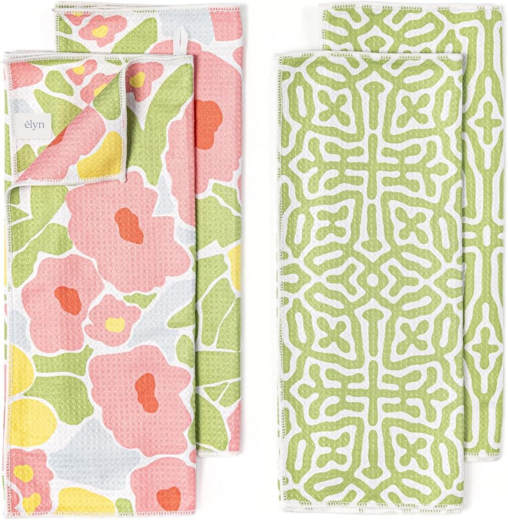 Set of four ELYN microfiber waffle weave kitchen towels featuring bold floral and geometric double-sided designs with quick-drying, highly absorbent fabric, hanging loops, and reusable eco-friendly construction for everyday kitchen cleaning.