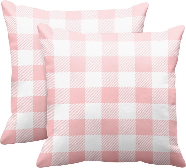 Set of two Emvency pink buffalo check throw pillow covers featuring soft velvet-like polyester fabric, double-sided plaid printing, and invisible zipper closures for sofas, beds, chairs, and modern home décor.