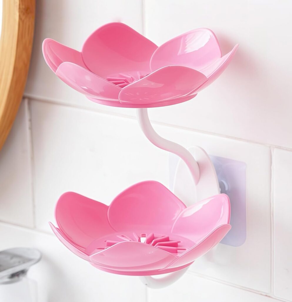 Pink FABEILAI lotus flower soap dish holder with a double-layer self-draining design for bar soap, featuring adhesive wall mounting or freestanding use in bathrooms and kitchens.