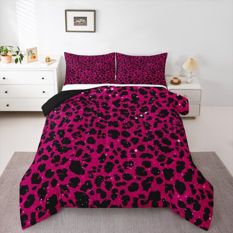 Feelyou queen comforter set featuring a dark rose leopard print design with a soft microfiber comforter and two matching pillowcases for all-season bedroom décor.
