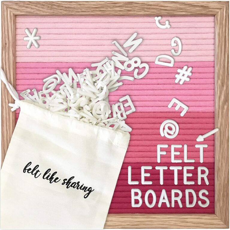 Flamingo pink 10 x 10 inch felt letter board with an oak wood frame, three sets of changeable letters, and wall mounting accessories for customizable home and office décor.