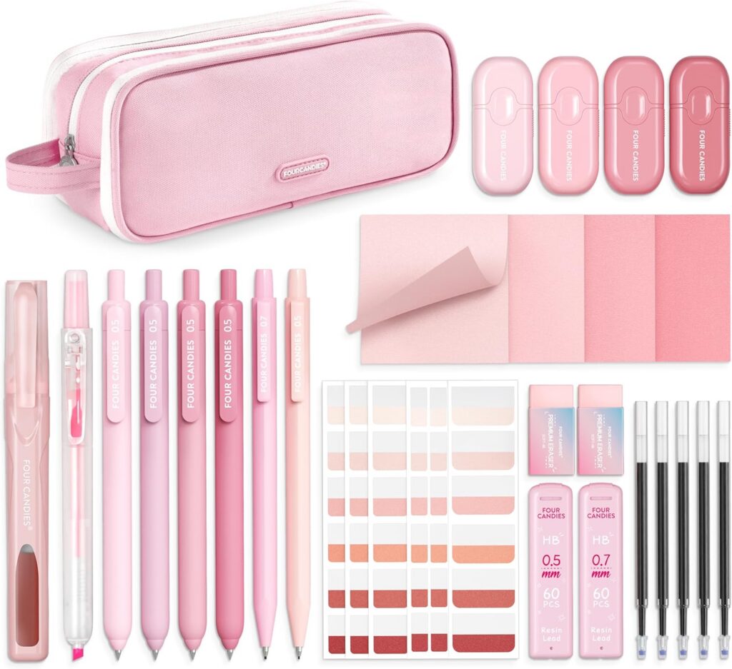 Four Candies pink aesthetic school supplies kit featuring a multi-compartment organizer case with gel pens, mechanical pencils, highlighters, correction tape, sticky notes, index tabs, erasers, and refills.