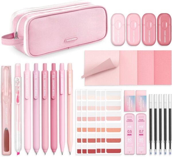 Four Candies pink aesthetic school supplies kit featuring a multi-compartment organizer case with gel pens, mechanical pencils, highlighters, correction tape, sticky notes, index tabs, erasers, and refills.
