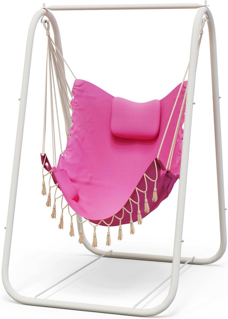 Pink freestanding hammock chair with a heavy-duty iron stand, ergonomic U-shaped frame, neck support pillow, and side storage pocket for relaxing indoors or outdoors.
