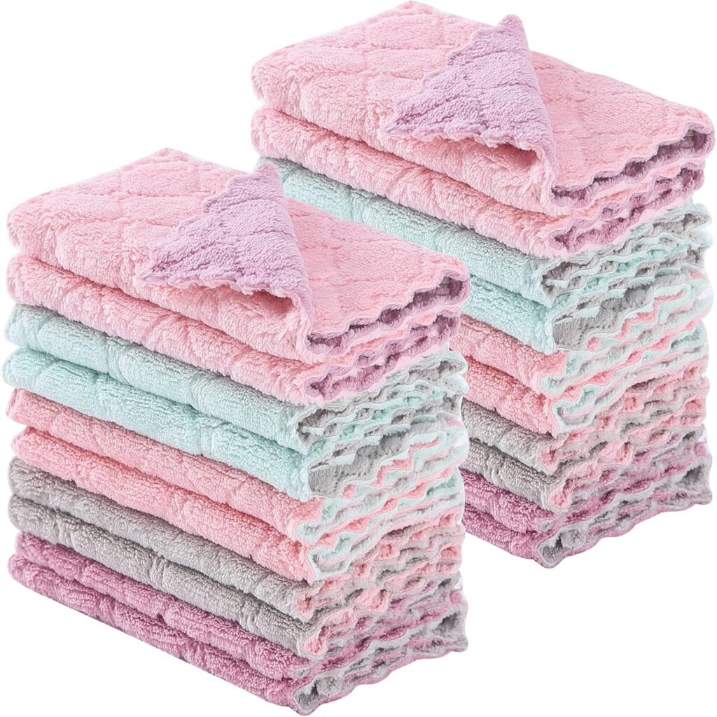 Twenty-pack multicolor coral velvet kitchen dish cloths measuring 10 by 6 inches, featuring soft, highly absorbent microfiber for cleaning dishes, countertops, glass, and household surfaces.