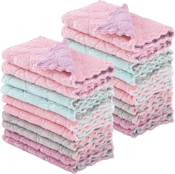 Twenty-pack multicolor coral velvet kitchen dish cloths measuring 10 by 6 inches, featuring soft, highly absorbent microfiber for cleaning dishes, countertops, glass, and household surfaces.
