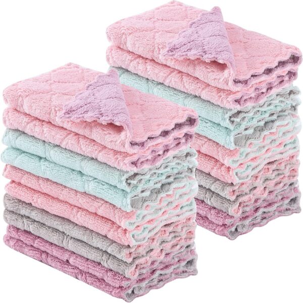 Twenty-pack multicolor coral velvet kitchen dish cloths measuring 10 by 6 inches, featuring soft, highly absorbent microfiber for cleaning dishes, countertops, glass, and household surfaces.