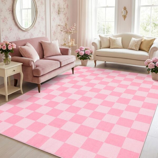 Blush pink and white checkered 5x7 faux wool area rug with a soft low-pile surface, machine-washable construction, and non-slip TPR backing for bedrooms, nurseries, and living rooms.