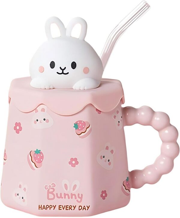 Pink GawmFoiuy kawaii rabbit ceramic mug with a 3D animal lid, reusable glass straw, ergonomic handle, and 14-ounce capacity for coffee, tea, and other beverages.