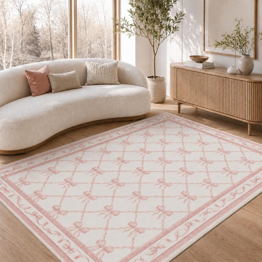 GENIMO 5x7 pastel pink area rug with a floral bow pattern, soft low-pile recycled polyester surface, non-slip TPR rubber backing, and machine-washable construction for girls' bedrooms, nurseries, dorm rooms, and living spaces.