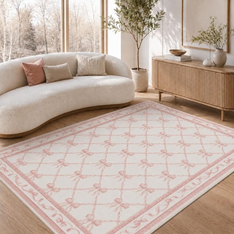 GENIMO 5x7 pastel pink area rug with a floral bow pattern, soft low-pile recycled polyester surface, non-slip TPR rubber backing, and machine-washable construction for girls' bedrooms, nurseries, dorm rooms, and living spaces.