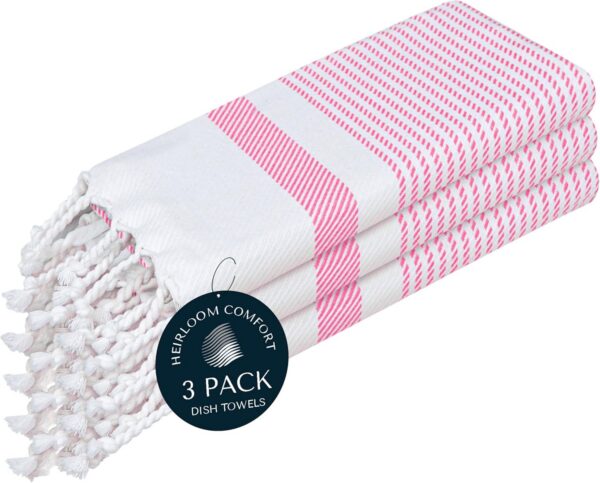 Set of three HEIRLOOM COMFORT rose pink Turkish kitchen towels made from 100% cotton with decorative tassels, featuring quick-drying, highly absorbent fabric for drying dishes, cleaning countertops, baking, and everyday kitchen use.