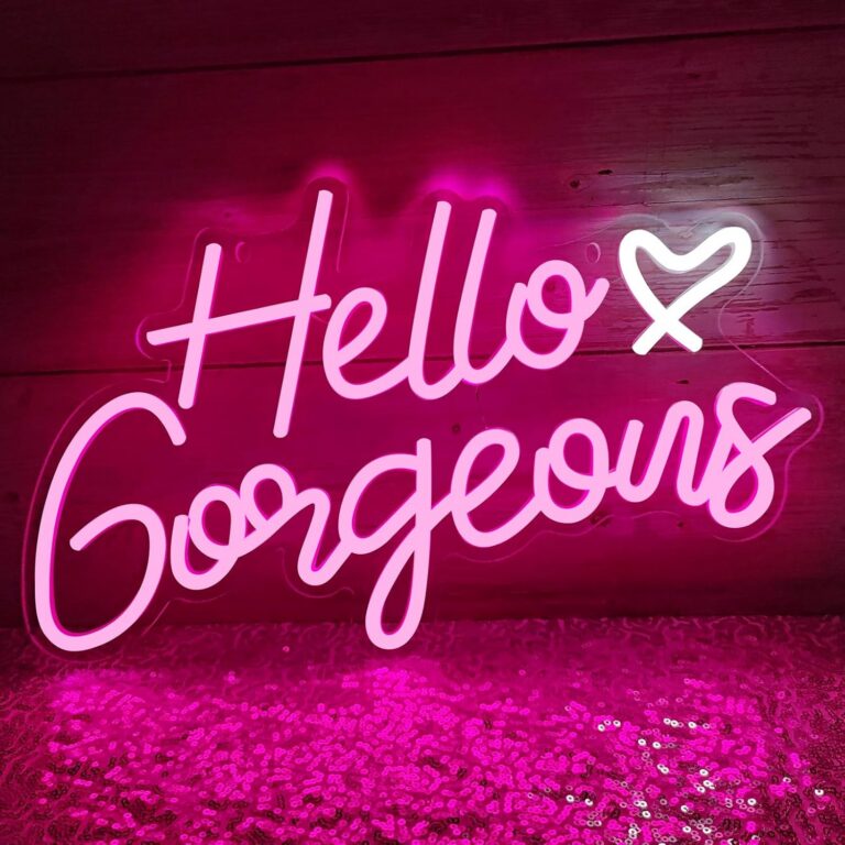 Hello Gorgeous pink LED neon sign with dimmable USB-powered lighting, transparent acrylic backing, and wall-mount design for bedrooms, vanity spaces, weddings, parties, salons, and home décor.