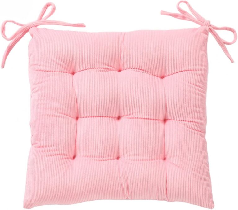 HLOVME pink corduroy chair cushion featuring thick plush polyester filling, tufted square design, and secure tie straps for comfortable seating on dining chairs, office chairs, reading nooks, benches, and floor seating.