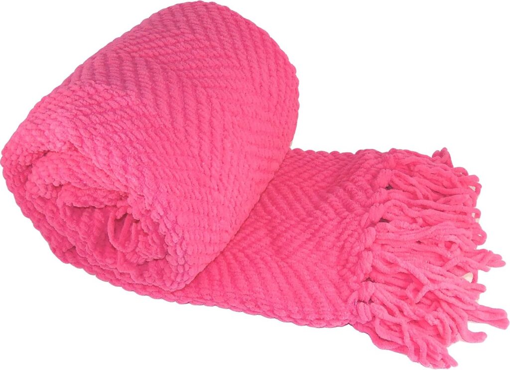 Home Soft Things Camellia Rose knitted throw blanket featuring a soft tweed-inspired diamond pattern, decorative tassels, lightweight 100% microfiber polyester fabric, and a cozy 50 x 60 inch design for sofas, beds, chairs, and living room décor.