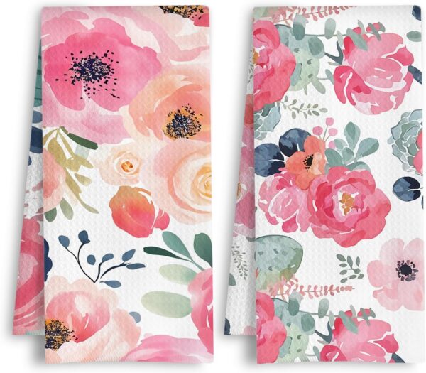 Set of two HSIASHENG ArtisaEura elegant pink floral waffle weave cotton kitchen towels featuring botanical cottagecore artwork, quick-drying honeycomb texture, and absorbent fabric for drying dishes, decorating kitchens, and everyday use.