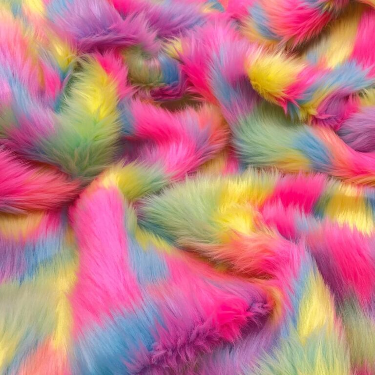 Pastel rainbow shaggy faux fur fabric measuring 60 x 18 inches with a soft mohair-style pile for costumes, apparel, pillows, rugs, home décor, and DIY craft projects.